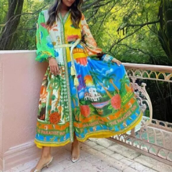 Paradise Colorful Button Down Belted Maxi Collared Shirt Midi Dress 2XL - Picture 5 of 10